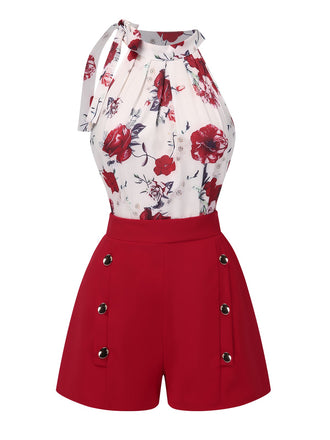 She pairs this 2PCS Red 1940s Floral Tie Neck Top & Buttoned Short with confidence and 1940s charm