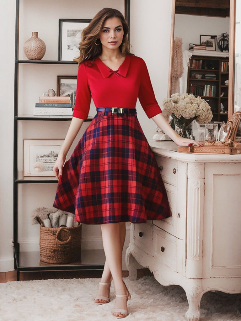2PCS Red 1940s Lapel Top & Plaid Skirt — 1940s elegance she can wear anywhere