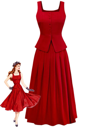 2PCS Red 1940s Square Neck Sleeveless Vest & Skirt - vintage skirt, retro style, elegant red