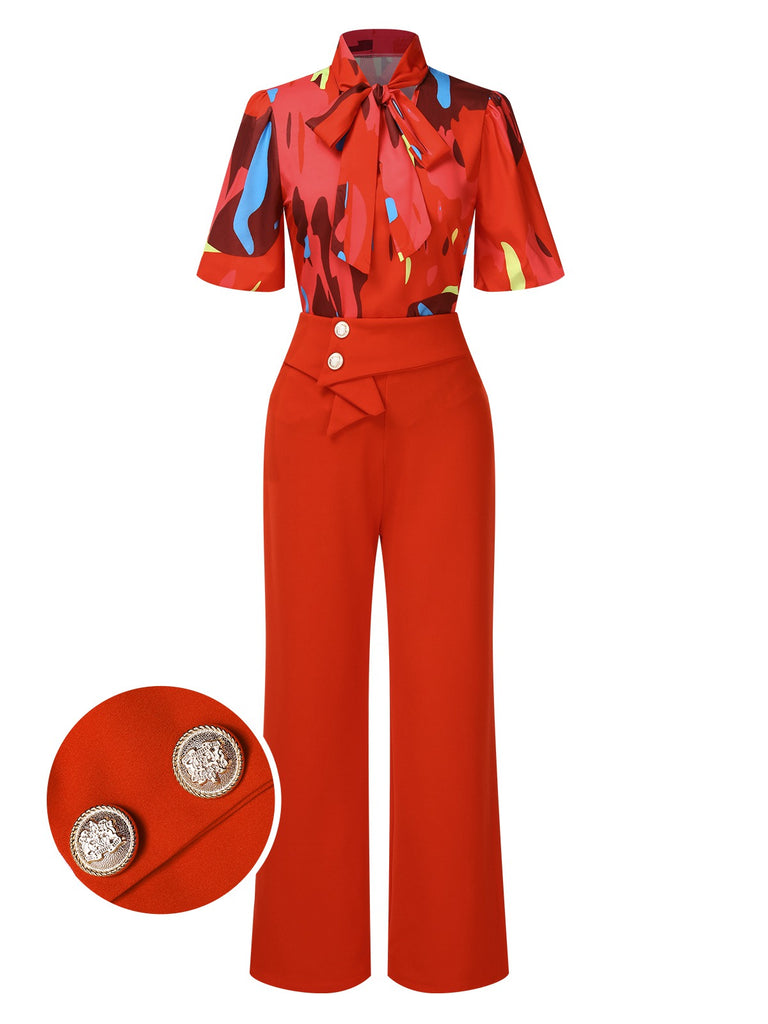 2PCS Red 1950s Abstract Prints Blouse & Solid Pants, vintage top, retro blouse - perfect for women who love vintage and retro fashion