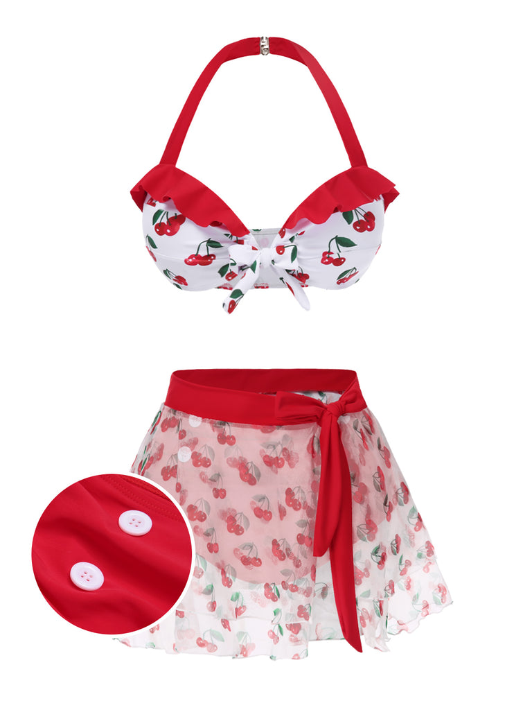 2PCS Red 1950s Cherry Bikini & Tie-Waist Cover up - vintage fashion, retro style, elegant red