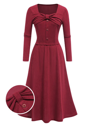 She pairs this 2PCS Red 1950s Corduroy Bow Top & Skirt with confidence and 1950s charm