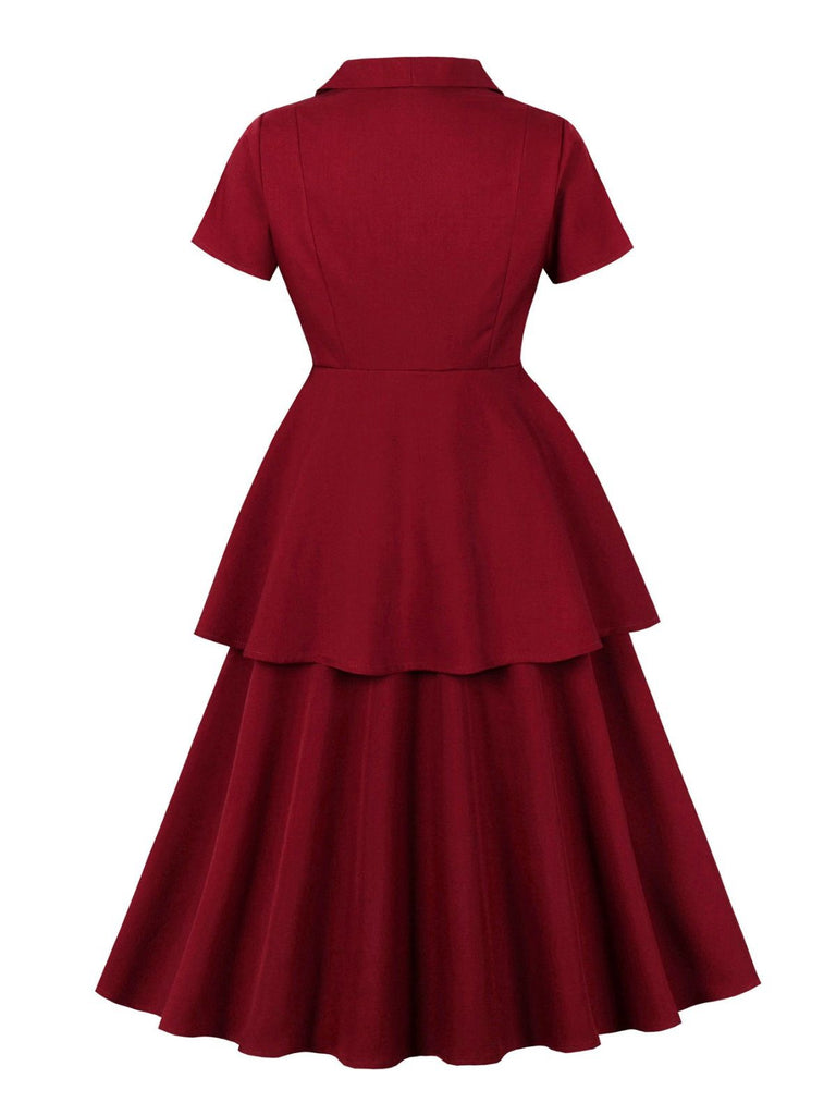 2PCS Red 1950s Solid Ruffled Button Top & Skirt - vintage skirt, retro style, elegant red