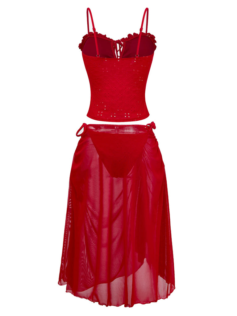 2PCS Red 1960s Cutout Ruffled Tankini Set & Cover-Up - vintage fashion, retro style, elegant red