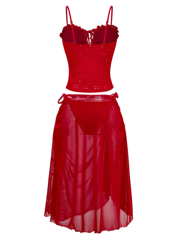 Red Ruffle Tankini 2PCS Red 1960s Cutout Ruffled Tankini Set & Cover-Up | Retro Stage