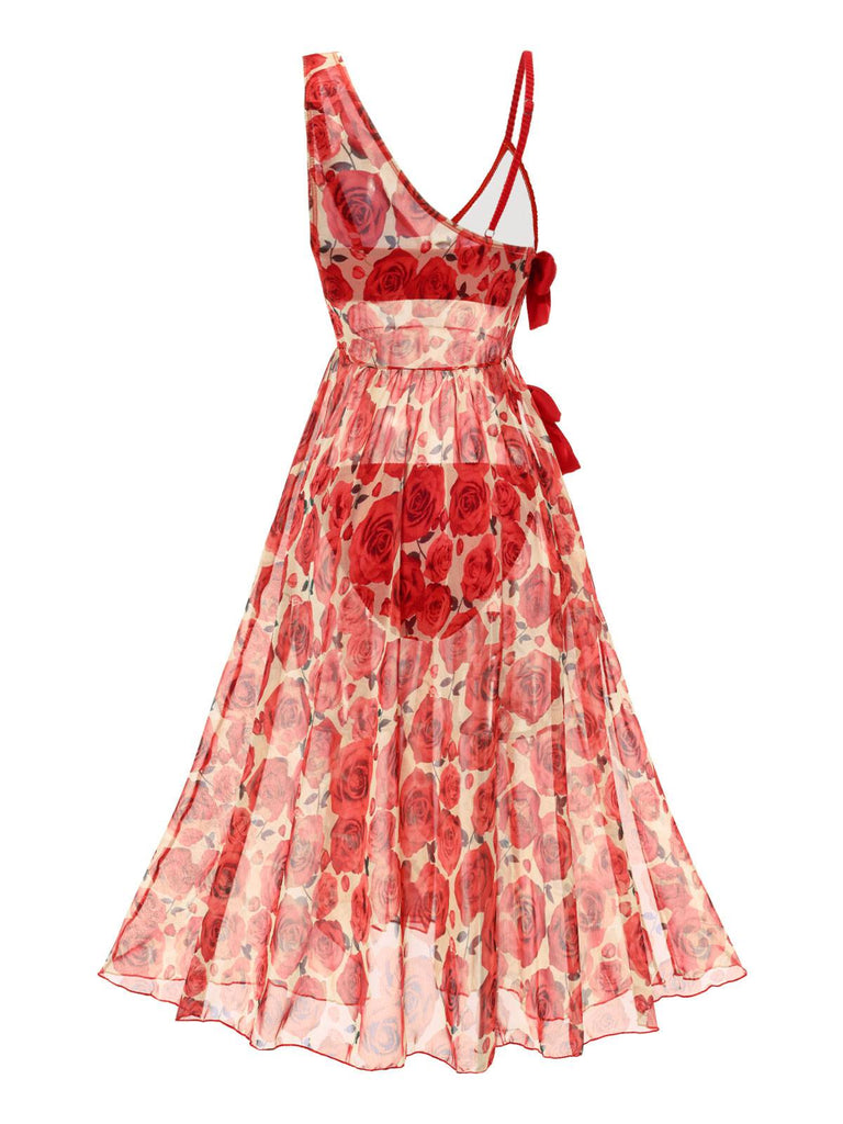 Pre-Sale] 2PCS Red 1960s Glitter Ring Bikini Set & Roses Cover-Up | Retro  Stage