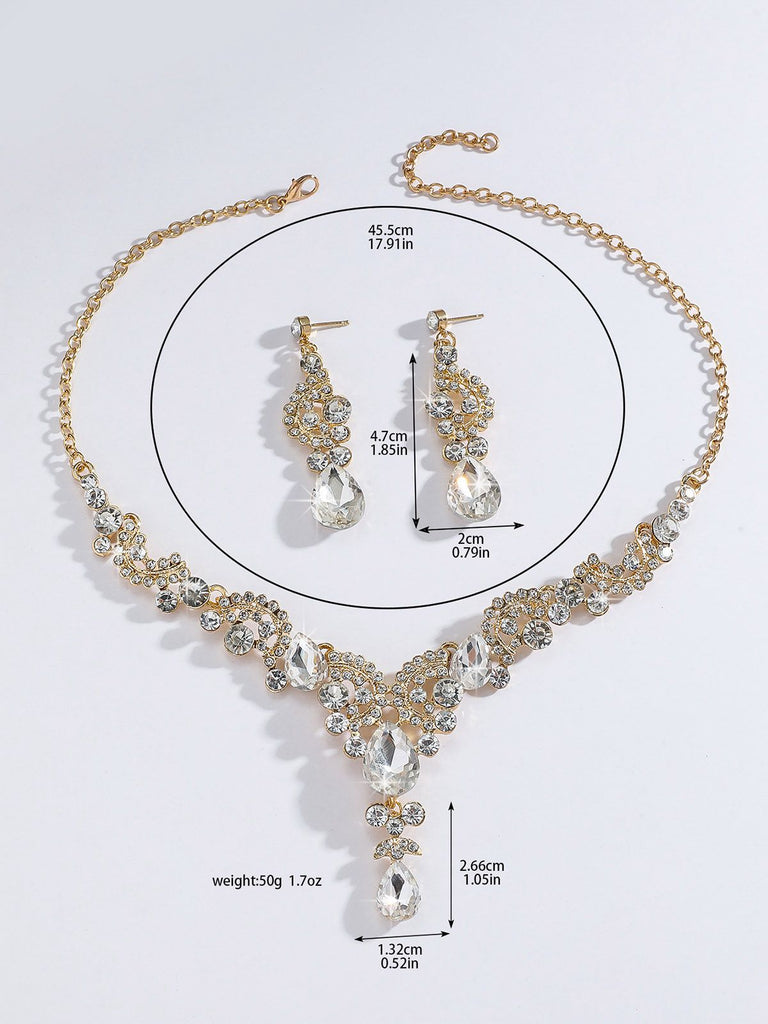 2PCS Rhinestone Necklace & Earrings Set - vintage fashion, retro style