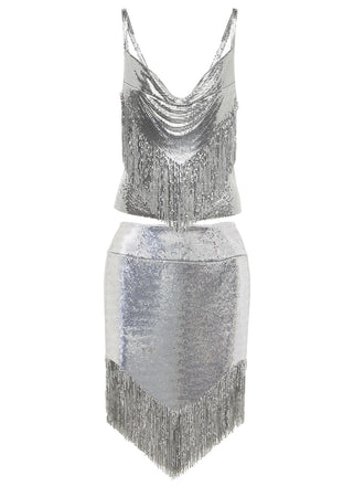She pairs this 2PCS Silver 1980s Sequined Suspender Tassel Top & Skirt with confidence and 1980s charm