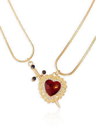 2PCS Vintage Rhinestone Heart-Shaped Ruby & Sword Necklace - vintage fashion, retro style