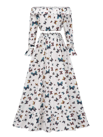 She pairs this 2PCS White 1930s Ruffle Butterfly Off-Shoulder Crop Top & Skirt with confidence and 1930s charm