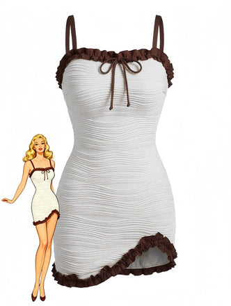 2PCS White 1960s Ruffle Tie Front Textured Bodycon Swimsuit - vintage swimwear, retro swimsuit, pin-up style for vintage lovers