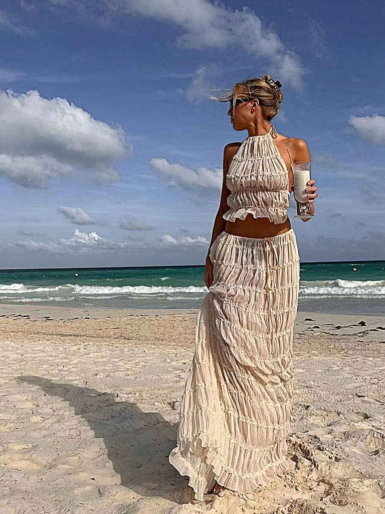 2PCS White 1970s Wrinkle Halter Backless Top & Skirts — 1970s jazz-age spirit for her morning coffee