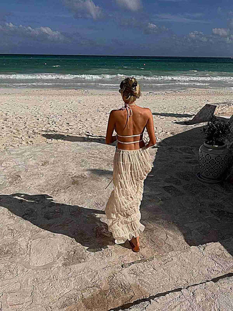2PCS White 1970s Wrinkle Halter Backless Top & Skirts: a 1970s classic that whispers rather than shouts