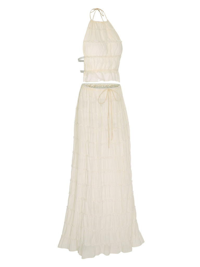 2PCS White 1970s Wrinkle Halter Backless Top & Skirts, vintage skirt, retro style - perfect for women who love vintage and retro fashion