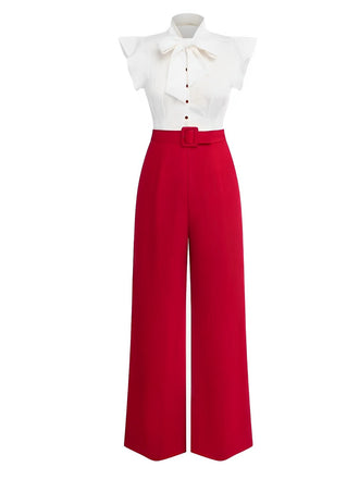 2PCS White & Red 1930s Bow Collar Blouse & Pants, vintage top, retro blouse - perfect for women who love vintage and retro fashion
