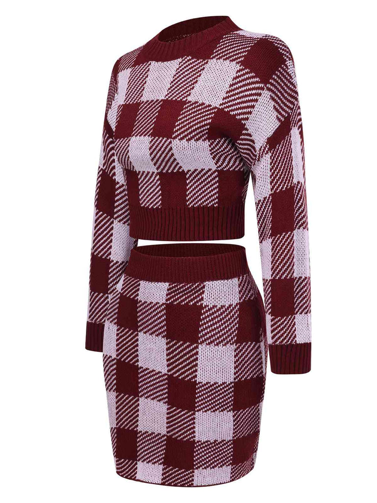 2PCS Wine Red 1960s Shepherd Plaid Knit Top & Skirt, vintage skirt, retro style - perfect for women who love vintage and retro fashion