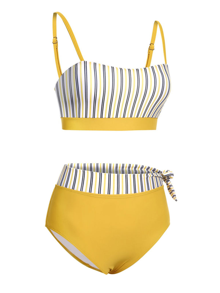 2PCS Yellow 1940s Striped Patchwork Swimsuit, vintage swimsuit, pin-up swimwear - perfect for women who love vintage and retro fashion