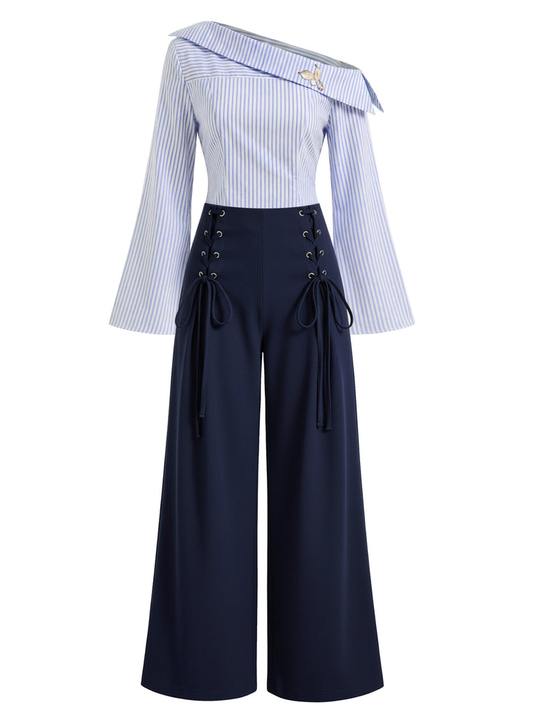 [Pre-Sale] 2PCS 1940s Striped Blouse With Pearl Brooch & Lace-Up Pants