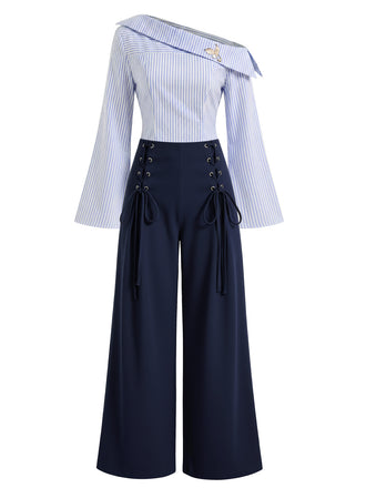 [Pre-Sale] 2PCS 1940s Striped Blouse With Pearl Brooch & Lace-Up Pants