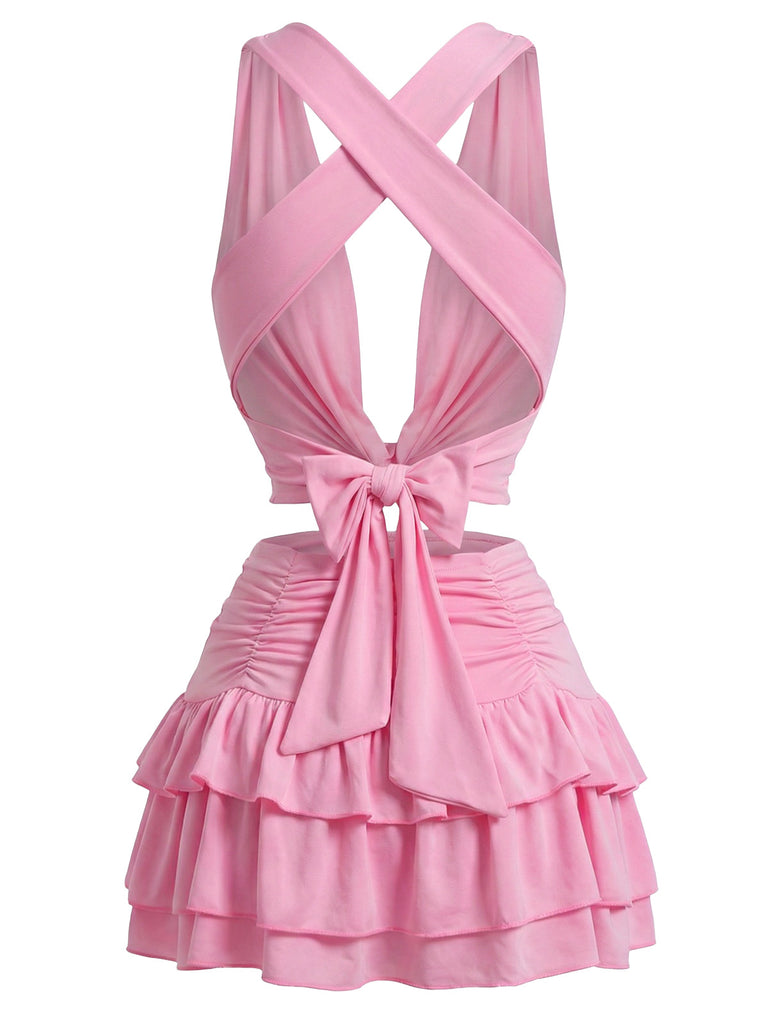 Back: 2PCS 1960s Solid Ruffled Crop Cowl Top & Mini Skirt, classic silhouette, perfect for vintage fashion lovers