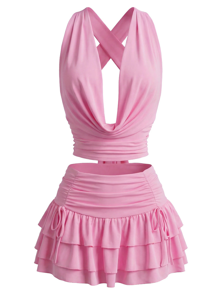 Front: 2PCS 1960s Solid Ruffled Crop Cowl Top & Mini Skirt, elegant vintage style, perfect for vintage fashion lovers