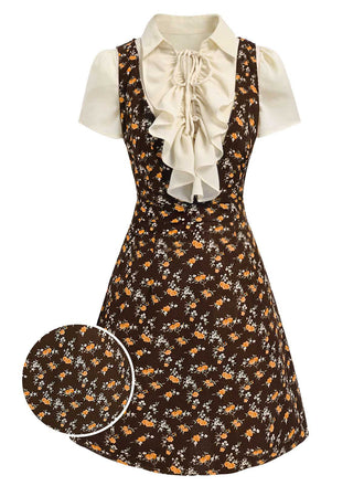 2PCS 1960s Victorian Ruffled Blouse & Corduroy Floral Dress detail view