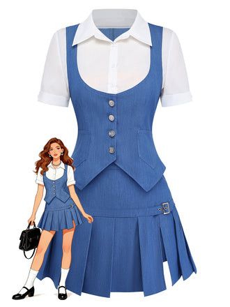 Blue dress with vest and white shirt on a white background