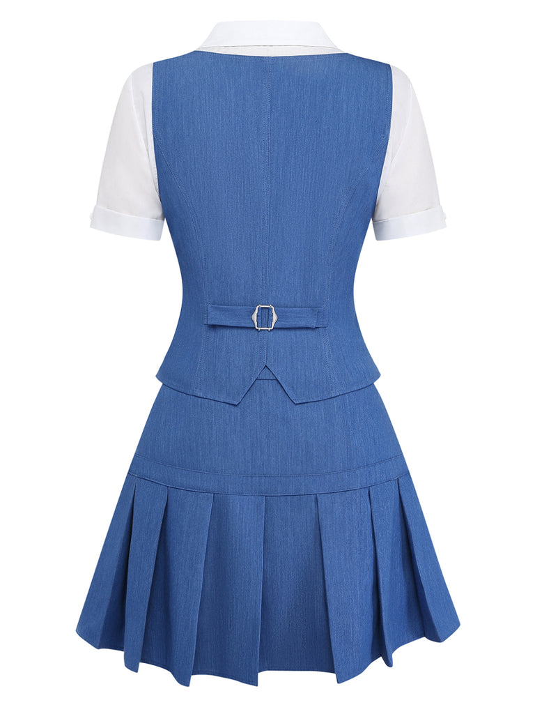 Blue pleated dress with a white shirt on a white background