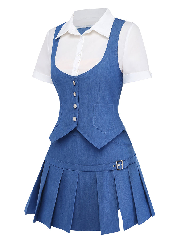 Blue vest and skirt set with white shirt on a white background