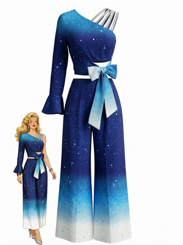 Blue gradient dress with a bow detail on a white background