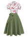 Vintage-style outfit with floral blouse and green skirt on a white background