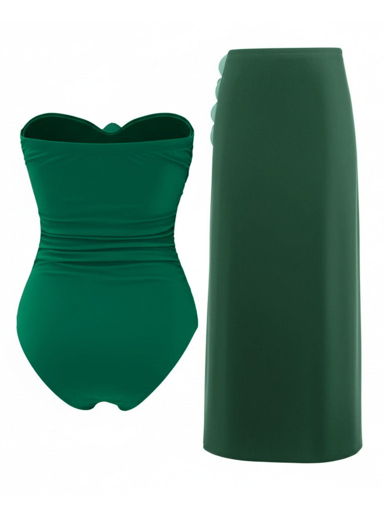 Green swimsuit with matching skirt on a white background