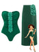 Green strapless swimsuit with floral details and a matching skirt, with a vintage-style illustration of a woman on a white background.