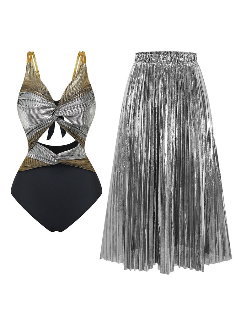 Bikini set with metallic pleated skirt on a white background