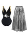 Black swimsuit with gold accents and silver pleated skirt on a white background