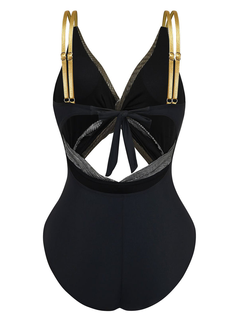 2PCS Metallic 1980s Pleated Cut-Out Swimsuit & Cover-Up