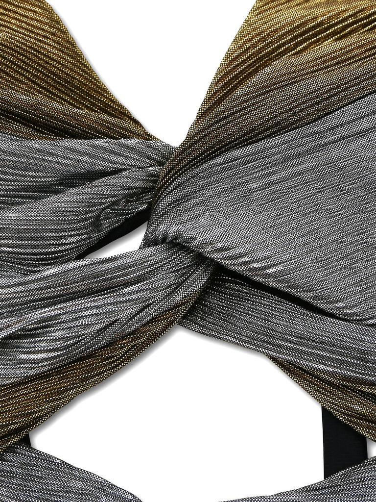 2PCS Metallic 1980s Pleated Cut-Out Swimsuit & Cover-Up