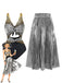 Silver metallic top and pleated skirt with a vintage illustration of a woman.