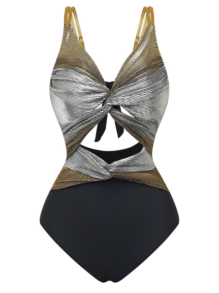 2PCS Metallic 1980s Pleated Cut-Out Swimsuit & Cover-Up