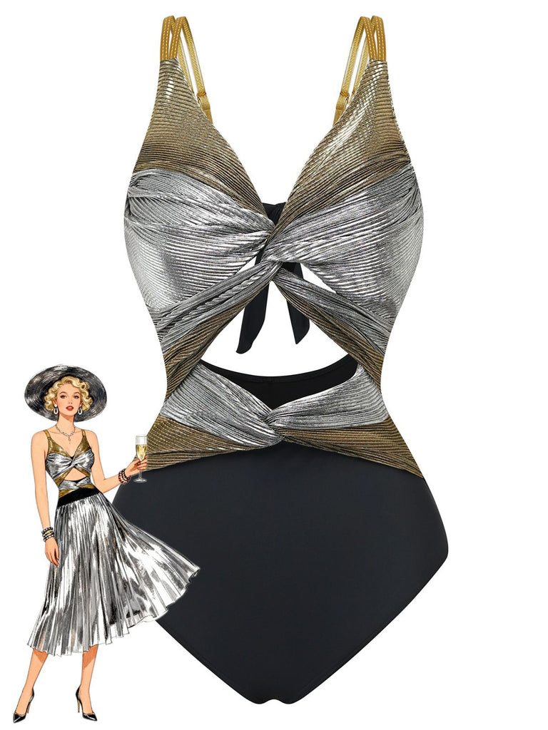 2PCS Metallic 1980s Pleated Cut-Out Swimsuit & Cover-Up