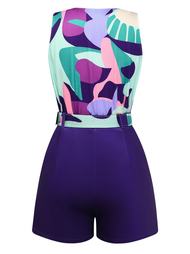 Back: 2PCS Purple 1970s Geometric Print Vest & Shorts, retro fashion design, perfect for vintage fashion lovers