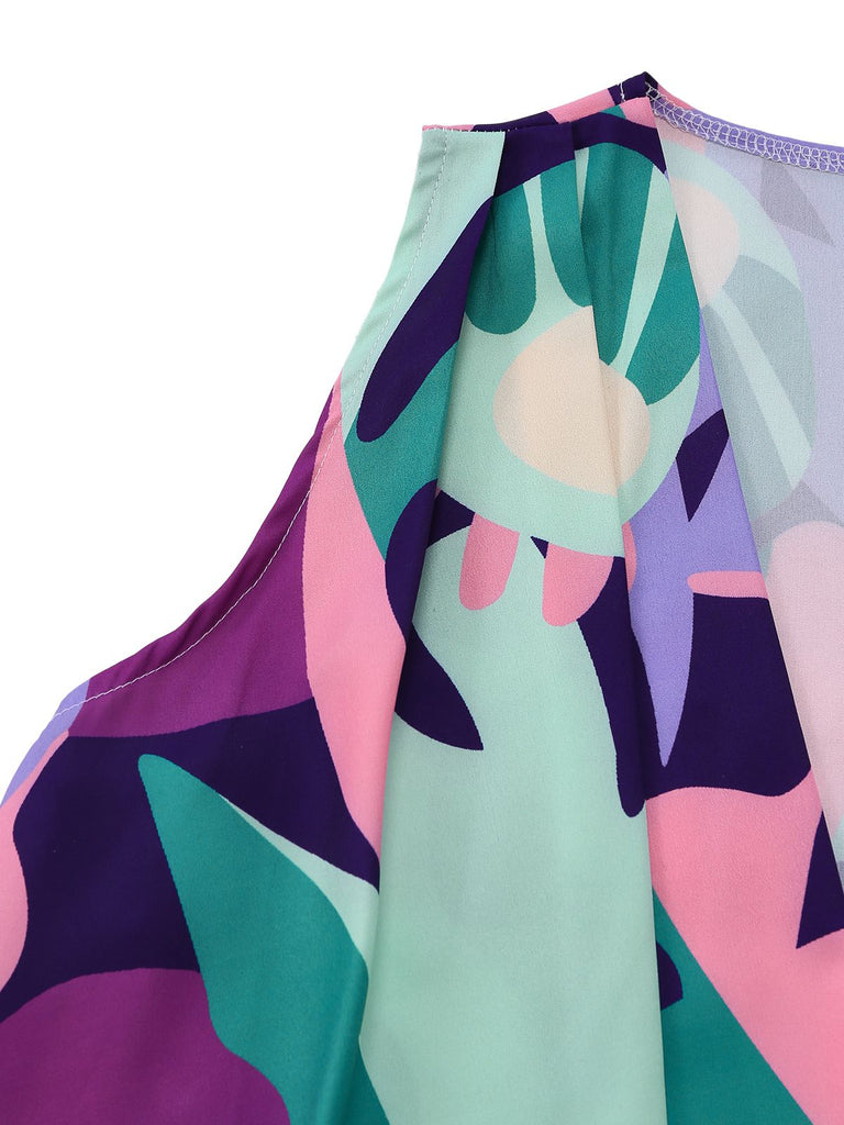 Detail: 2PCS Purple 1970s Geometric Print Vest & Shorts, vintage charm, perfect for vintage fashion lovers