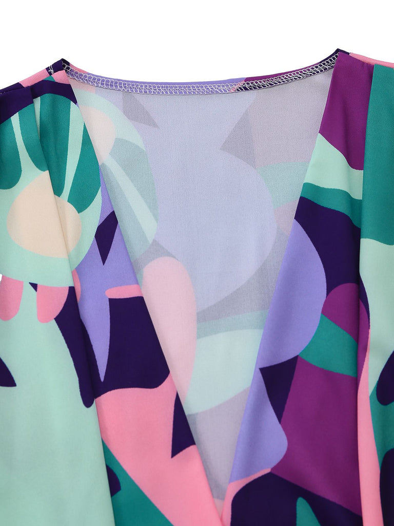 Detail: 2PCS Purple 1970s Geometric Print Vest & Shorts, classic silhouette, perfect for vintage fashion lovers