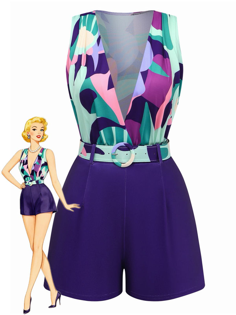 Front: 2PCS Purple 1970s Geometric Print Vest & Shorts, vintage charm, perfect for vintage fashion lovers