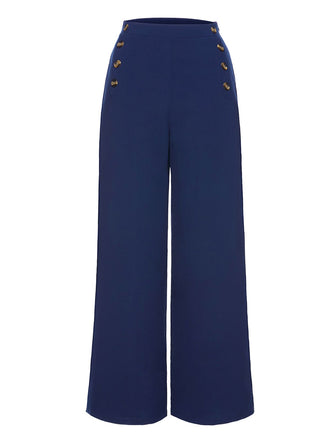 Dark Blue 1950s Solid Button Wide-leg Pants