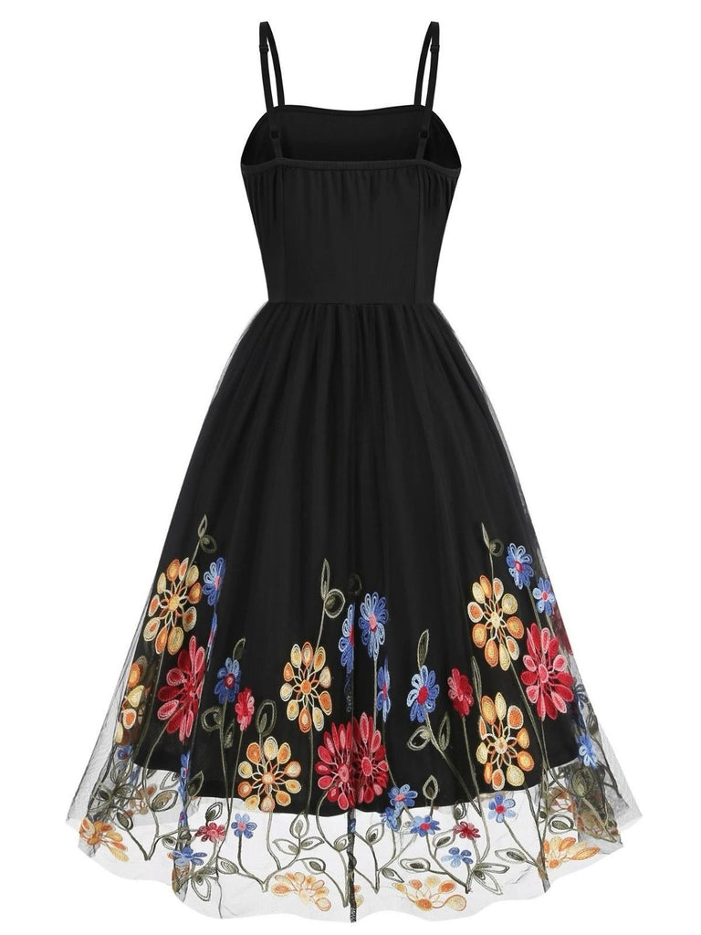 1950s Black Mesh Floral Embroidered Dress