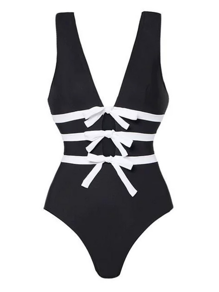 2PCS Black 1940s Bow One-Piece Swimsuit & Swim Skirt