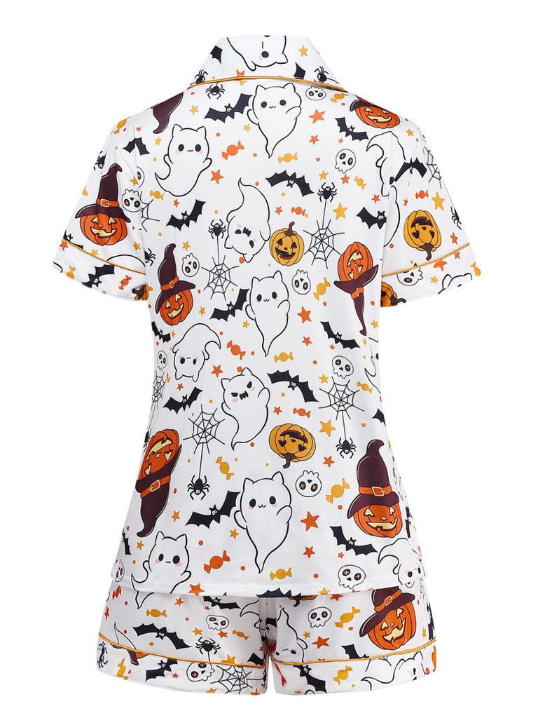 Black 1950s Halloween Print Notched Collar Pajama Set