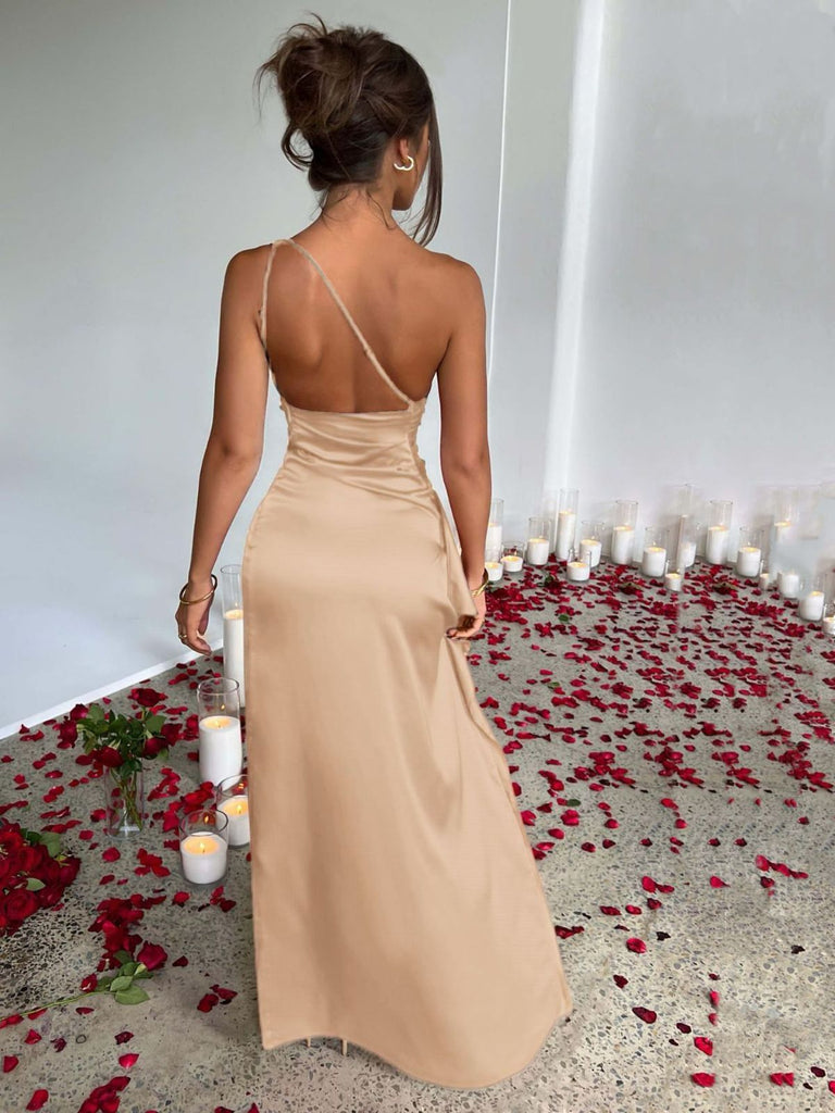 1960s One Shoulder Ruched Slit Satin Dress