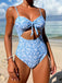 Blue 1950s Spaghetti Straps Hollow Floral Swimsuit